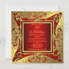 Fabulous 60 Red Gold Floral Birthday Party Kaart
