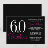 Fabulous 60th Black Pink Birthday Party Kaart (Voorkant / Achterkant)