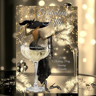 Fabulous Birthday Black Gold Dress Woman Champagne Kaart
