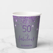 Fabulous birthday zilver paarse glitter monogram papieren bekers (Achterkant)