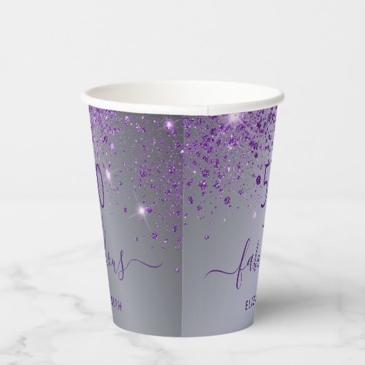 Fabulous birthday zilver paarse glitter monogram papieren bekers (Rechts)