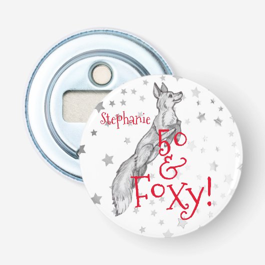Fabulous Foxy 50th Birthday Black White Fox Button Flesopener (Voorkant)