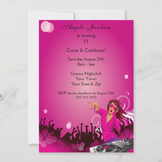 Fabulous Pink Lady DJ Party Kaart (Achterkant)