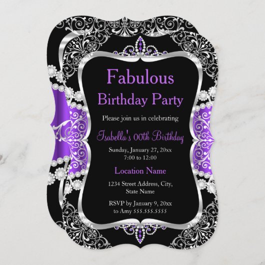 Fabulous Purple Silver Black Party Invitation (Devant / Derrière)
