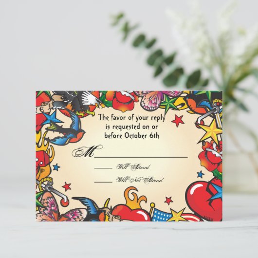 Fabulous Tattoo Bruiloft rsvp reactie kaarten (Staand voorkant)