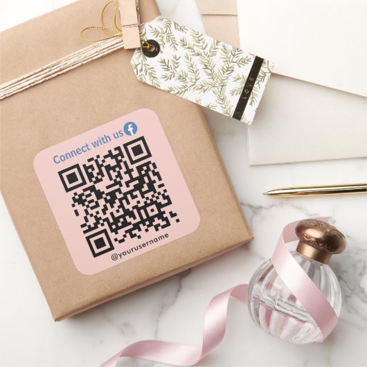 Facebook Connect Met Ons QR Code Blush Roze Vierkante Sticker (Geschenken)