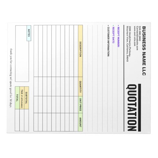 Factuurformulier / Verkoopbon | Zakelijke Offerte Notitieblok (Voorkant)