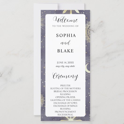 Faded Blue en Gold Celestial Wedding Programme (Voorkant)