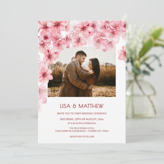  Faded Cherry Blossom Photo Wedding Kaart (Staand voorkant)
