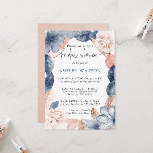 Faded denim & blush Bridal Shower Invitation Kaart (Voorkant / Achterkant in situ)