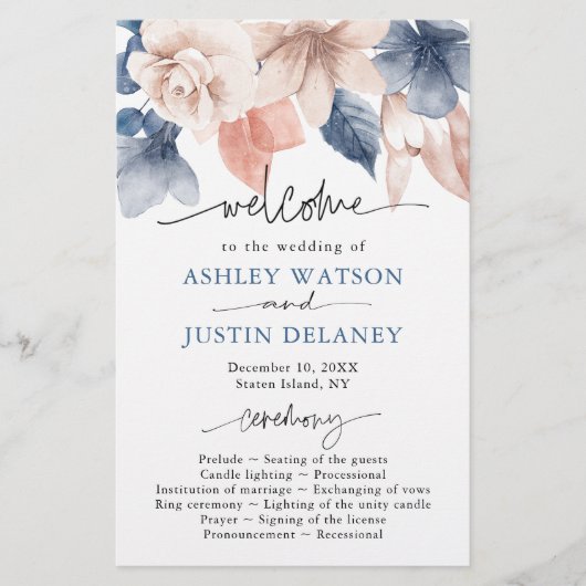 Faded denim & blush stijlvol bruiloft-programma (Voorkant)