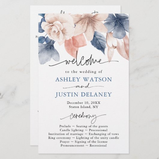 Faded denim & blush stijlvol bruiloft-programma (Voorkant / Achterkant)