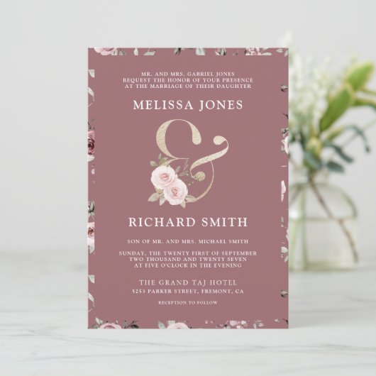Faded Dusty Roos Floral Ampersand QR Code Bruiloft Kaart (Staand voorkant)