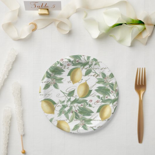 Faded Lemon Branch French Script Fruit Papieren Bordje (Huwelijk)