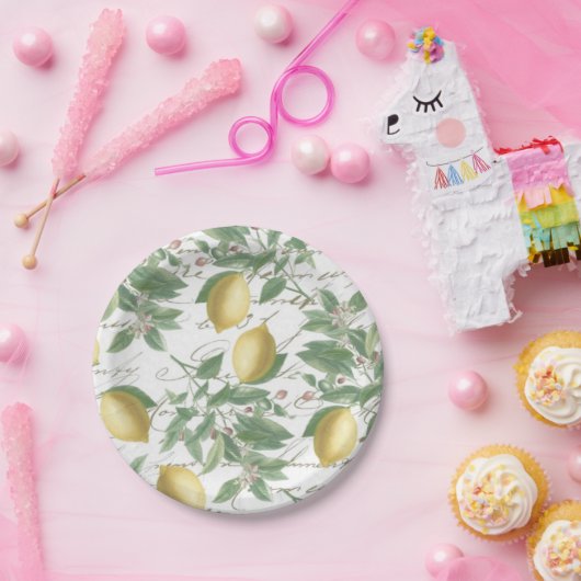 Faded Lemon Branch French Script Fruit Papieren Bordje (Feest)