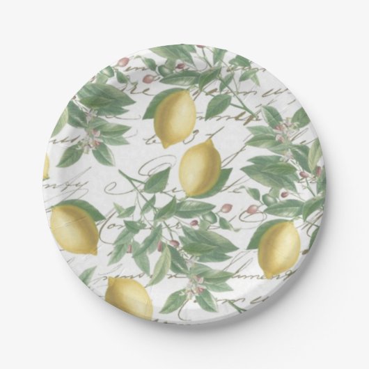 Faded Lemon Branch French Script Fruit Papieren Bordje (Voorkant)