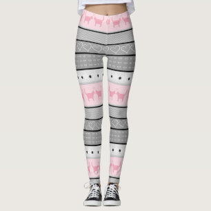 Fair Isle Cat Pattern, Grey & Roze Leggings