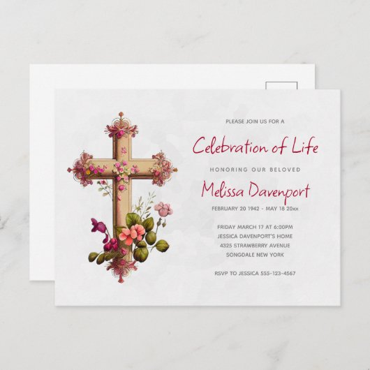 Faire carte de faire-part de deuil avec fleurs ros (Devant / Derrière)