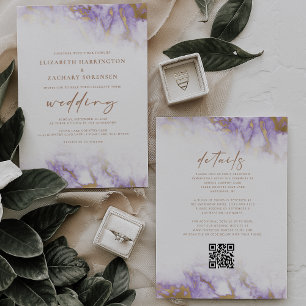 Faire carte de mariage code QR lavande or marbre