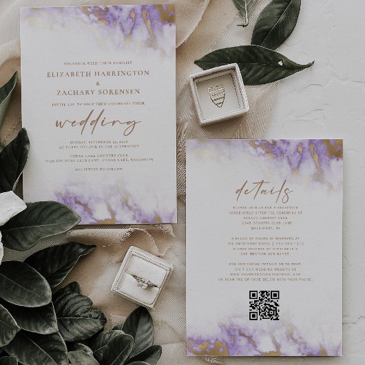 Faire carte de mariage code QR lavande or marbre