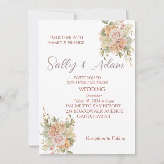Faire carte d'invitation de mariage aux fleurs ros (Devant)
