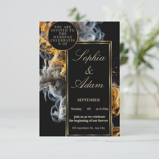 Faire carte d'invitation de mariage noir et or (Debout devant)