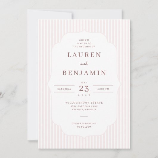 Faire carte d'invitation de mariage rayée rose élé (Devant)