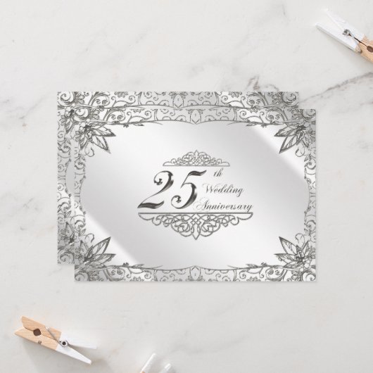 Faire Fleurir Argent Invitation 25e Anniversaire d (Devant/Arrière en situation)