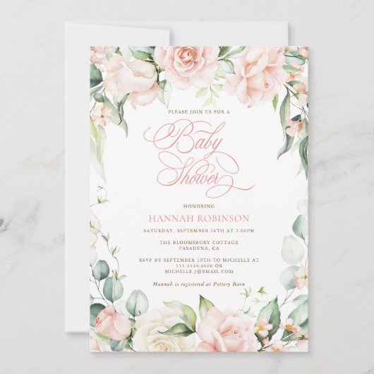Faire invitation de baby shower à floraison rose é (Devant)