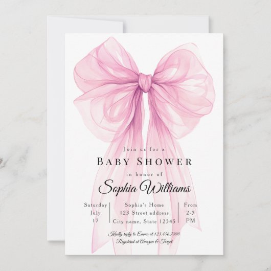 Faire invitation de baby shower avec un nœud rose (Devant)