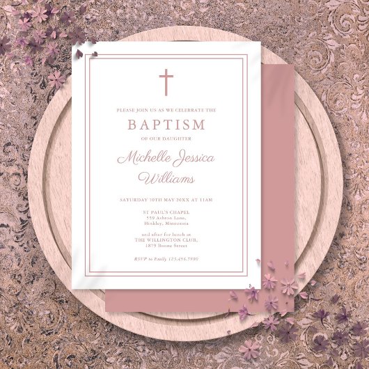 Faire invitation de baptême à bordure rose poudrée