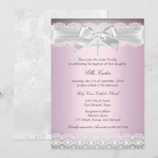 Faire invitation de baptême à dentelle rose et cro (Devant / Derrière)