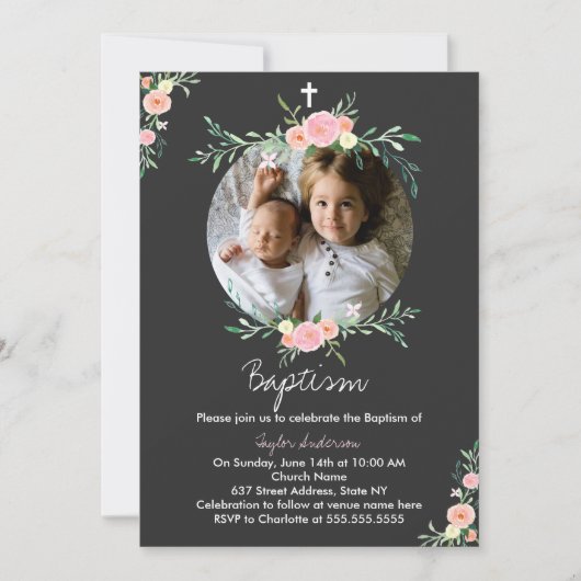 Faire invitation de baptême avec couronne florale (Devant)