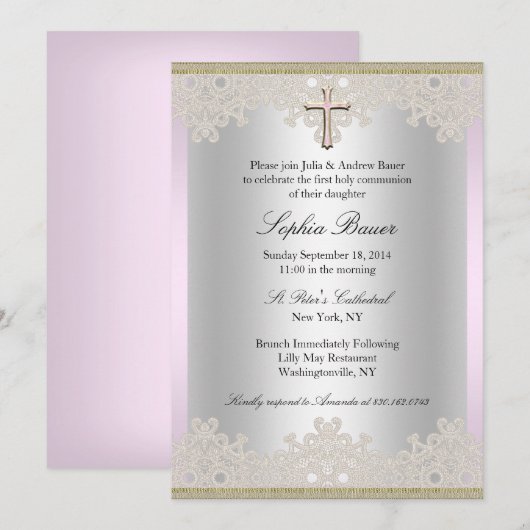 Faire invitation de baptême croix en dentelle (Devant / Derrière)