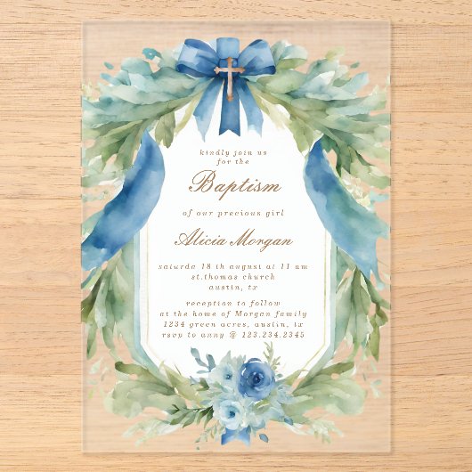 Faire invitation de baptême croix florale bleue (Recto)