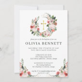 Faire invitation de baptême de fille florale aquar (Devant)