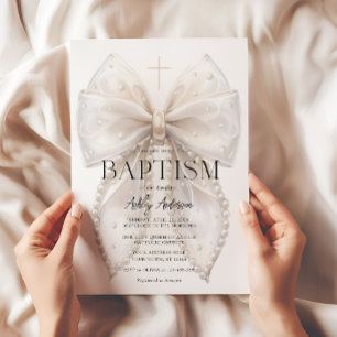 Faire invitation de baptême fille à ruban blanc él