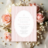Faire invitation de baptême fille rayée rose éléga