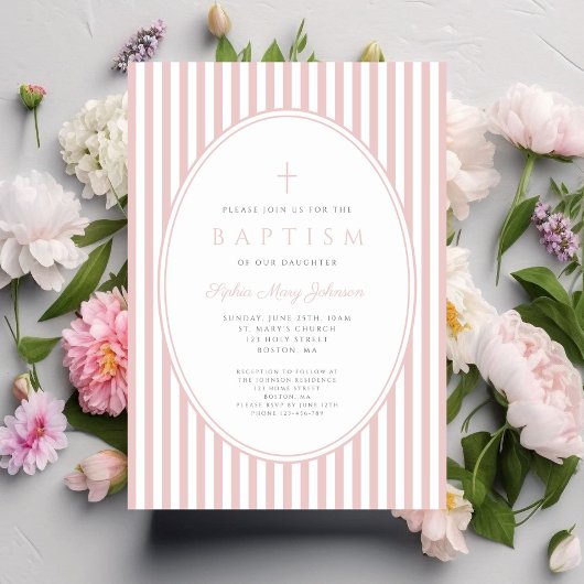 Faire invitation de baptême fille rayée rose éléga