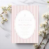 Faire invitation de baptême fille rayée rose éléga