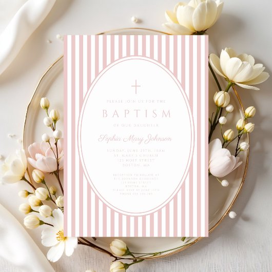 Faire invitation de baptême fille rayée rose éléga
