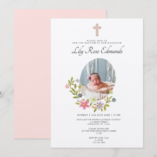 Faire Invitation de Baptême Florale Rose (Devant / Derrière)