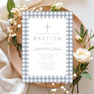 Faire invitation de baptême garçon à carreaux bleu