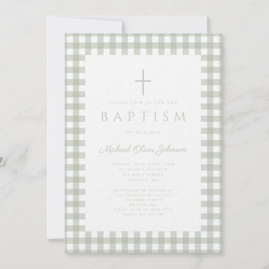 Faire invitation de baptême garcon à carreaux vert (Devant)