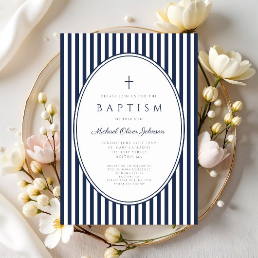 Faire invitation de baptême garçon rayé bleu marin