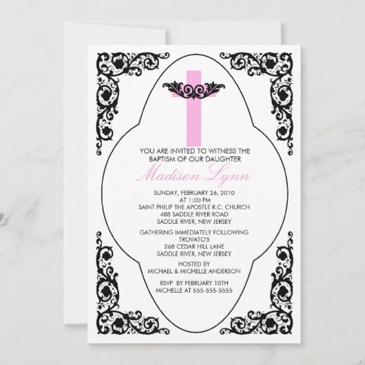 Faire invitation de baptême noir et rose (Devant)