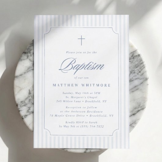 Faire invitation de baptême rayée bleu-gris