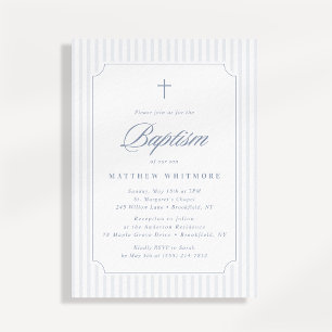 Faire invitation de baptême rayée bleu-gris