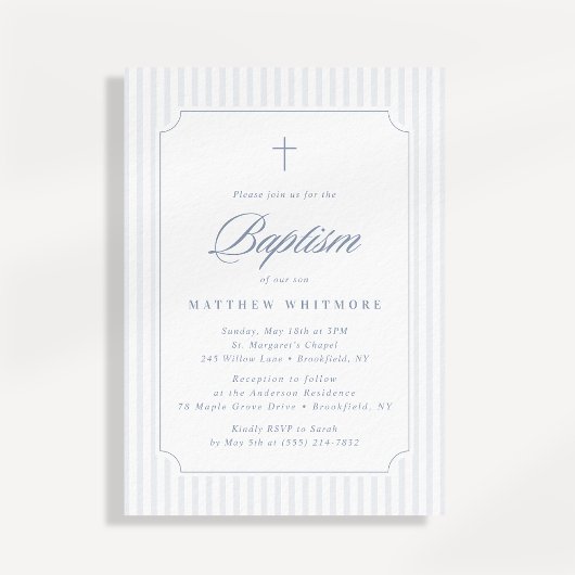 Faire invitation de baptême rayée bleu-gris