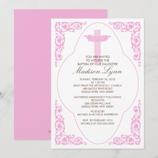 Faire invitation de baptême rose (Devant / Derrière)